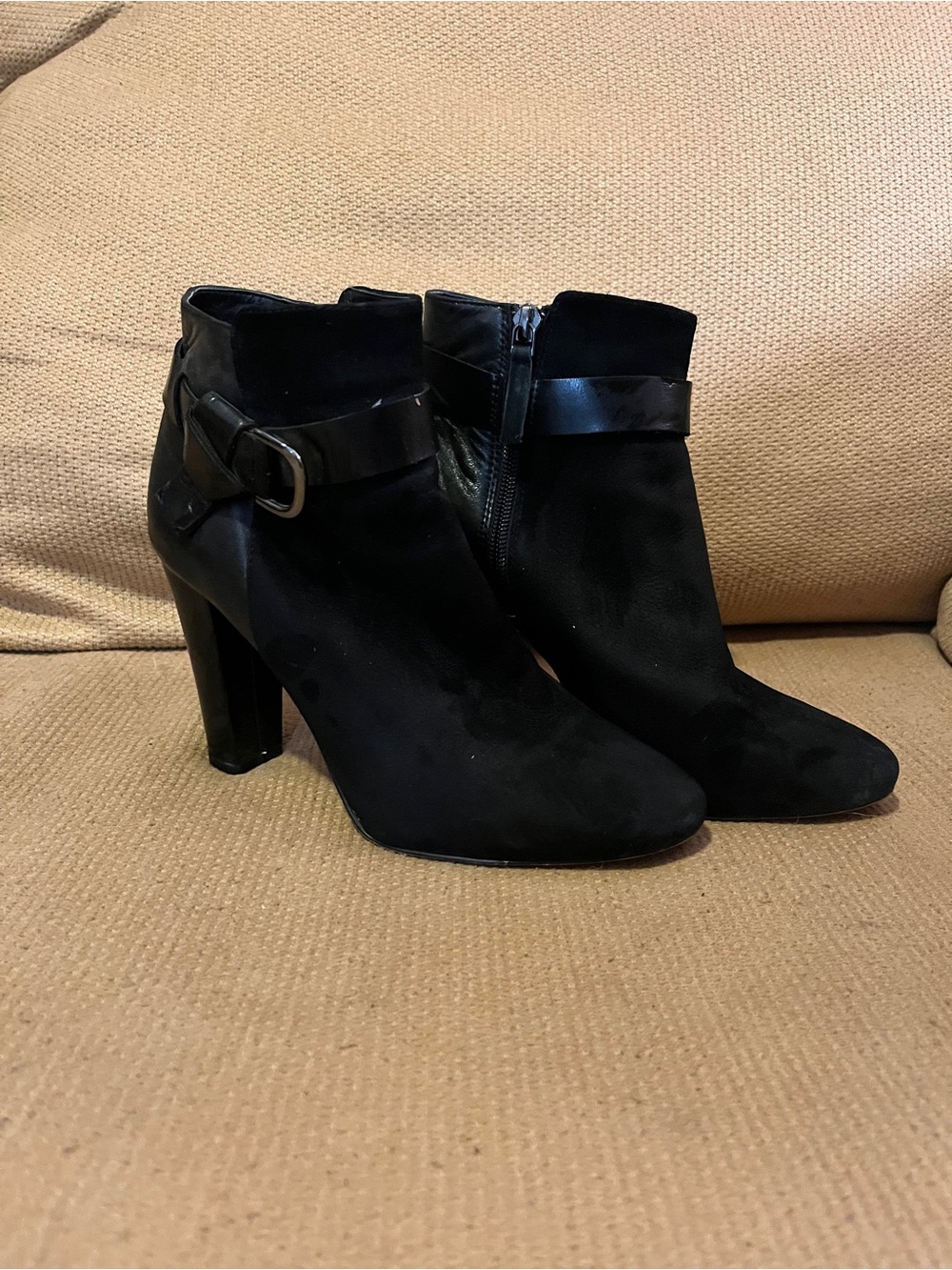 White House Black Market Black Suede Ankle Booties with Buckle Strap